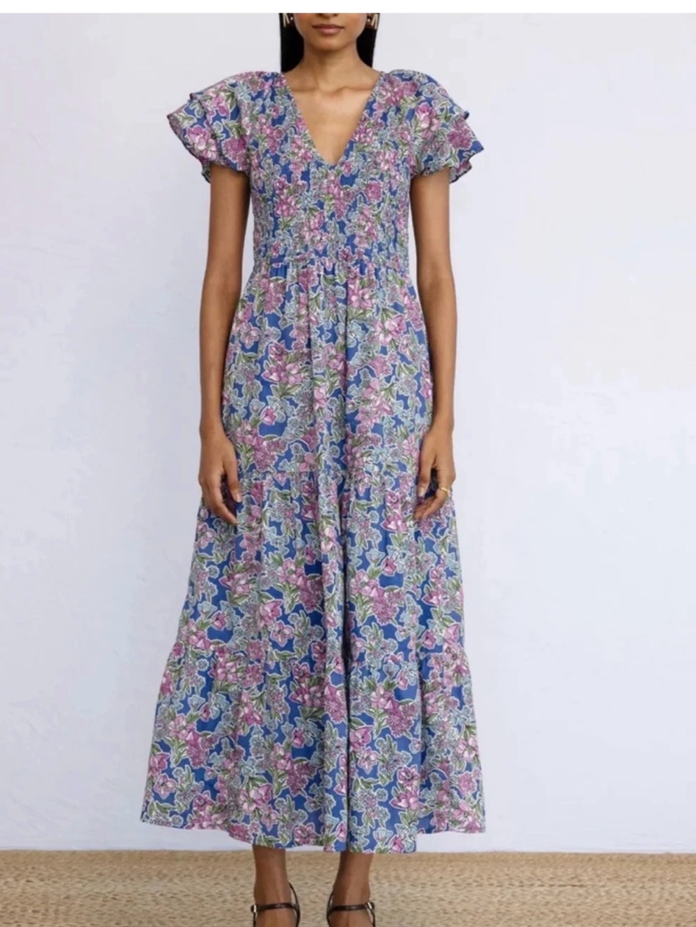 Banjanan Blue Floral Smocked Midi Dress with Pink & Green Accents size large - Picture 8 of 8